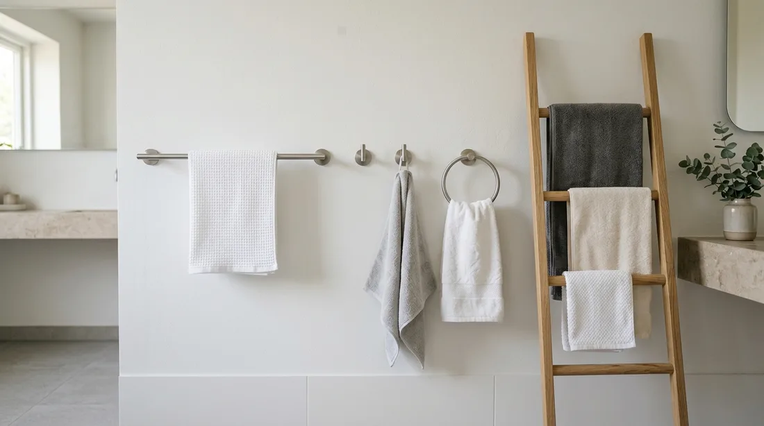 Handtuchstange, Handtuchhaken und Handtuchring nebeneinander an einer hellen Badezimmerwand, daneben eine Handtuchleiter