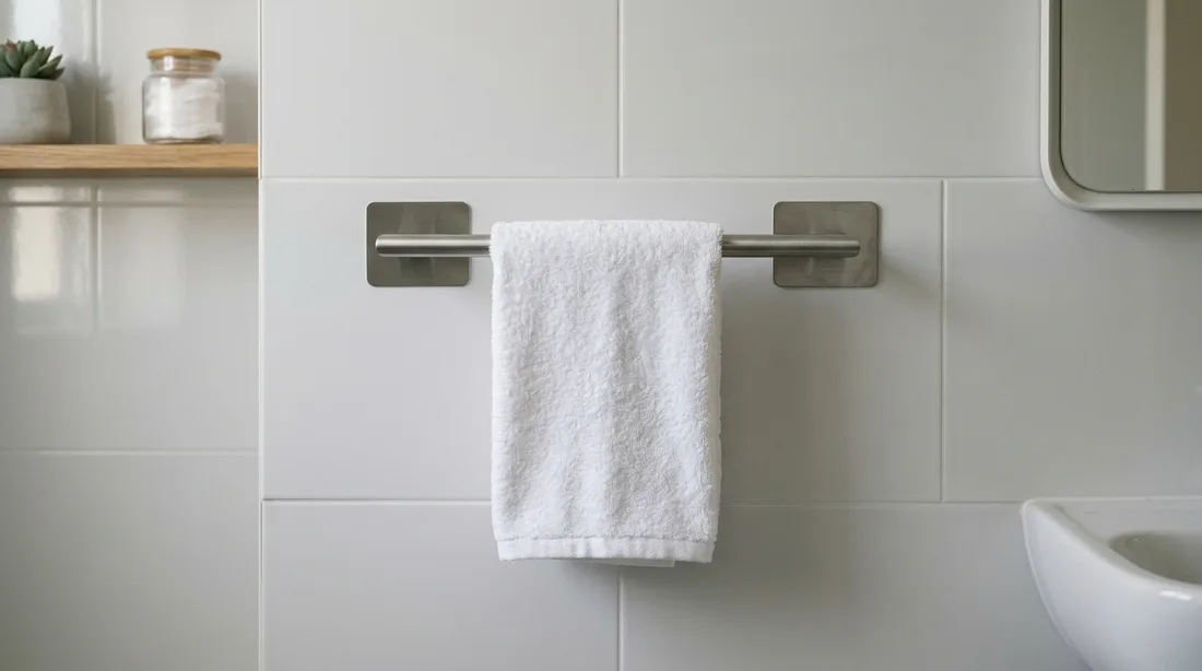 Selbstklebende Handtuchstange mit Handtuch an einer hellen Badezimmerfliese, ohne Bohrloch